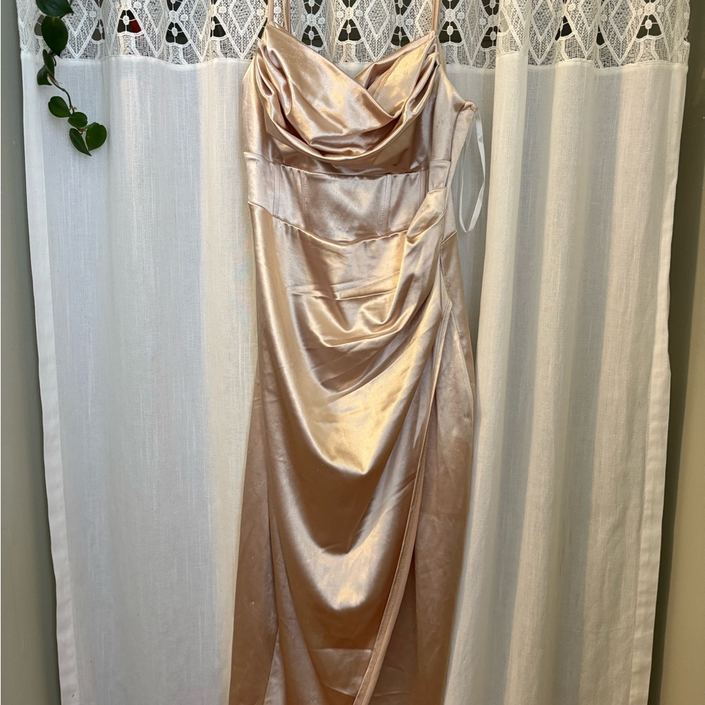 Windsor Satin Cowl Neck Midi Dress in Champagne Blush